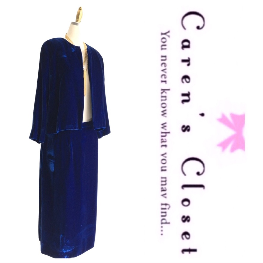 Vintage Royal Blue Velvet Pencil Skirt Suit - Picture 4 of 5